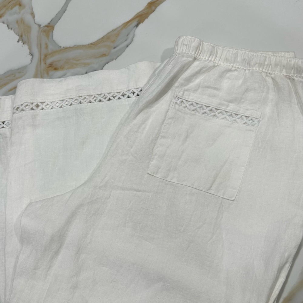 Joie White Linen Elastic Waist Pants with Subtle Stitch Detail